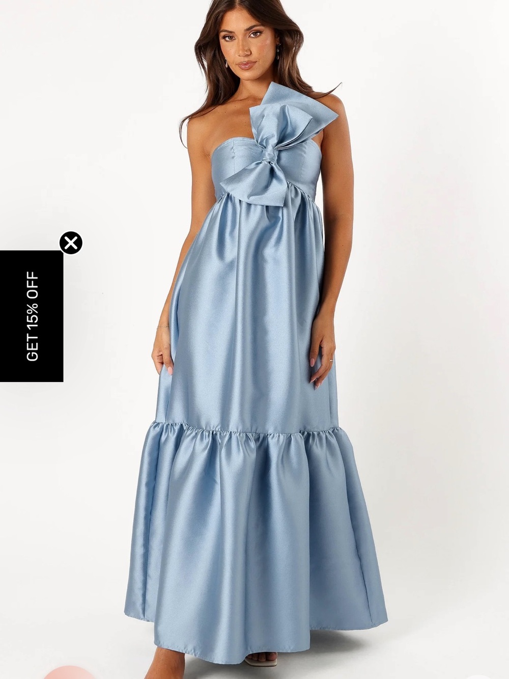 Petal & Pup Satin Strapless Maxi Dress with Oversized Bow in Light Blue